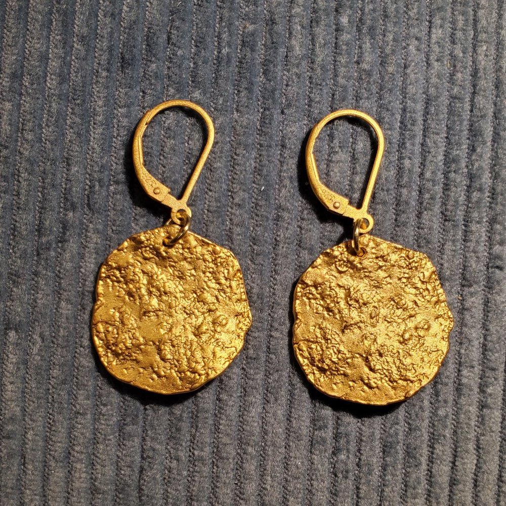 Dangling Golden Textured Disk Earrings- gold ear wire